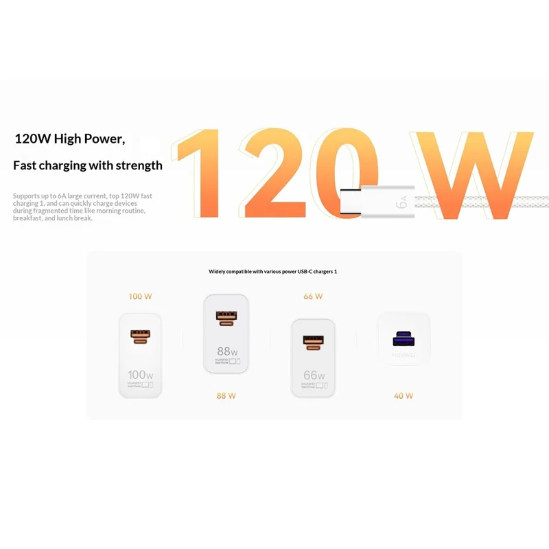 HUAWEI 1,8 m, 120 W, wysoka moc, 6 A, szybkie ładowanie, przewód danych typu C do typu C, pokryty tkaniną, do smartfona/tabletu/laptopa