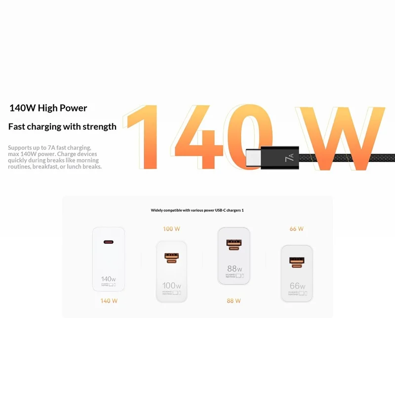 HUAWEI 1,8 m 140 W højtydet 7 A hurtig opladning Type-C til Type-C netværksdatabeskyttelse til smartphone / tablet / bærbar computer