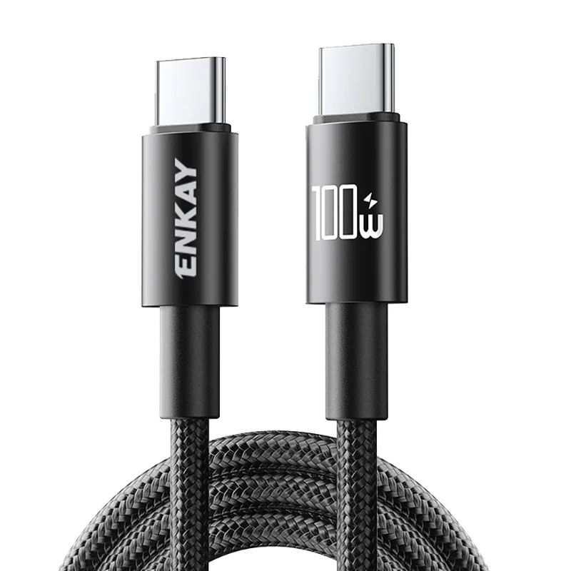 ENKAY HAT PRINCE 1m PD 100W Nylon Braided Type-C to Type-C Cable Fast Charging Data Transfer Cord with E-Marker Chip - Black