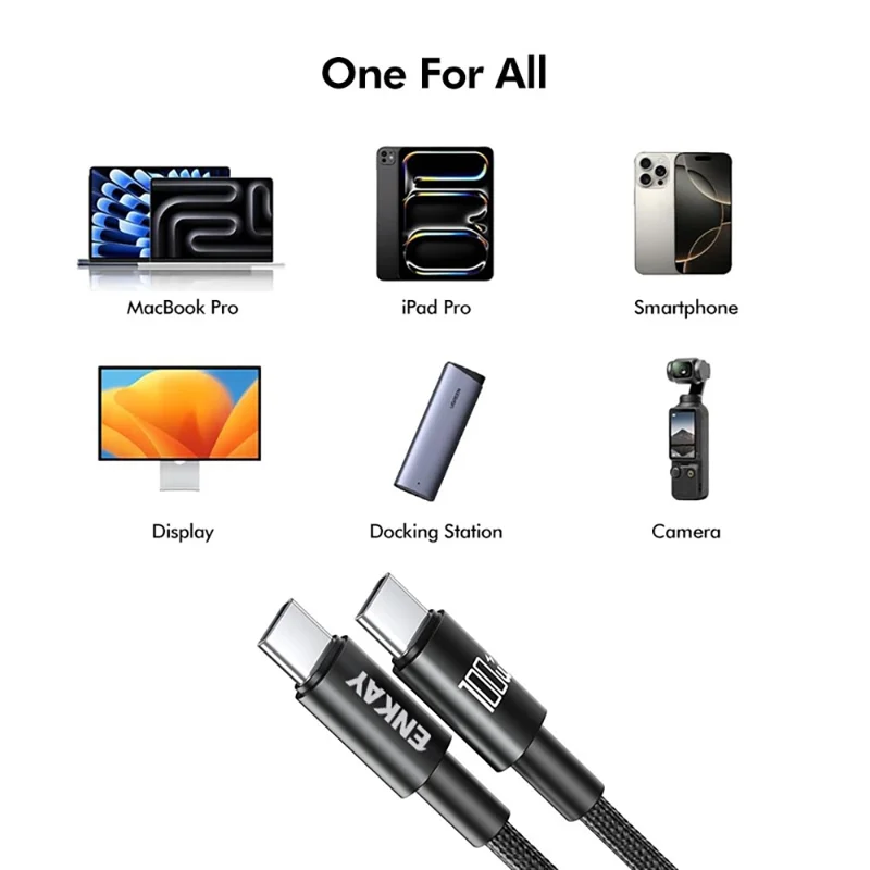 ENKAY HAT PRINCE 2m PD 100W Nylon Braided Type-C to Type-C Cable Fast Charging Data Transfer Cord with E-Marker Chip - Black