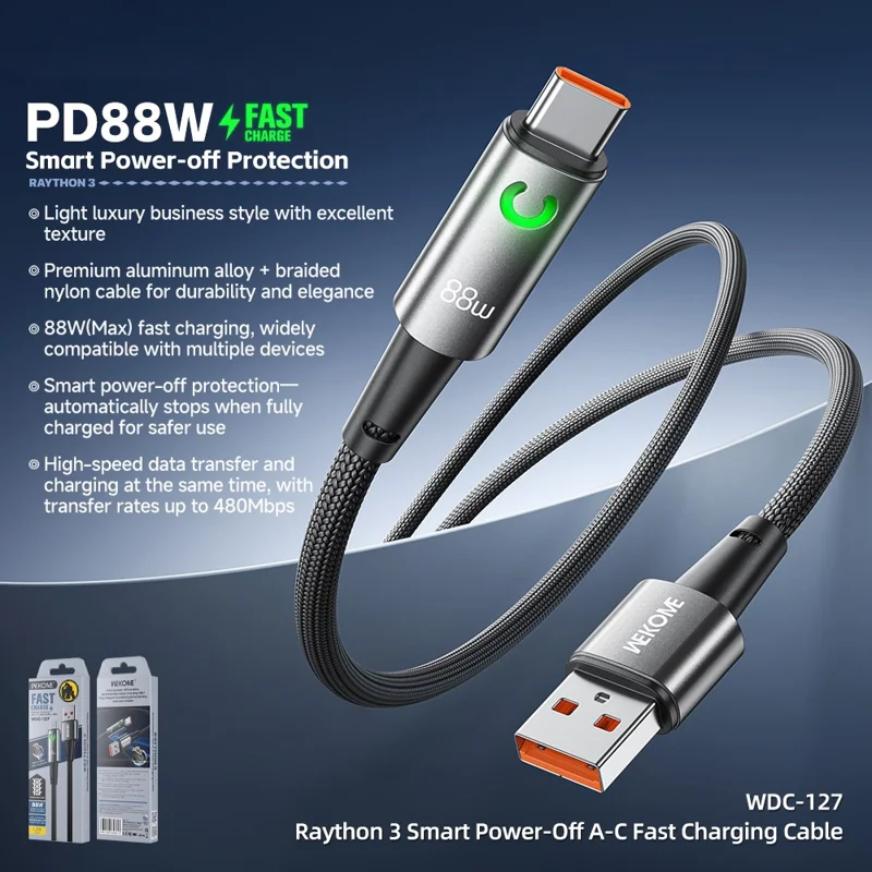 WEKOME WDC-127 Raython 3 Smart Power-Off USB-A till Type-C snabbladdningskabel 88W höghastighetsdatakabel
