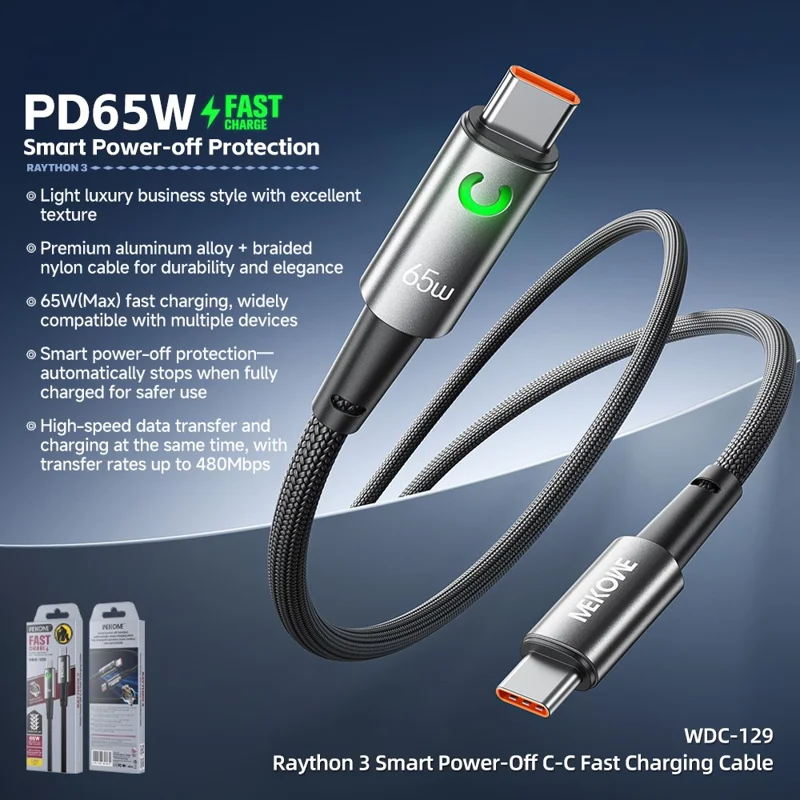 WEKOME WDC-129 Raython 3 Smart Power-Off Type-C till Type-C snabbladdningskabel 65W höghastighetsdataledning