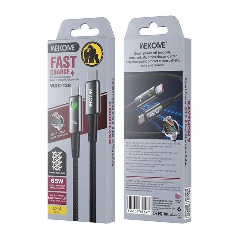 WEKOME WDC-129 Raython 3 Smart Power-Off Type-C till Type-C snabbladdningskabel 65W höghastighetsdataledning