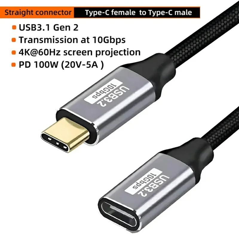 Cable de extensión de 3 m de aleación de aluminio Tipo-C macho a hembra, cable de datos USB 3.1 Gen2, soporte para video 4K/60 Hz, transferencia de datos a 10 Gbps