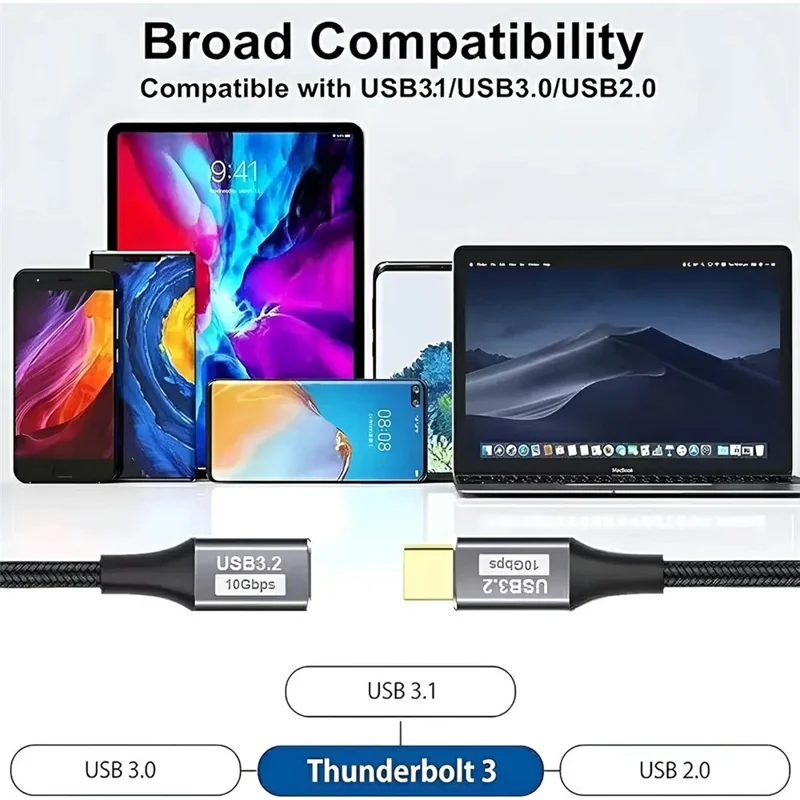Cable de extensión de 3 m de aleación de aluminio Tipo-C macho a hembra, cable de datos USB 3.1 Gen2, soporte para video 4K/60 Hz, transferencia de datos a 10 Gbps