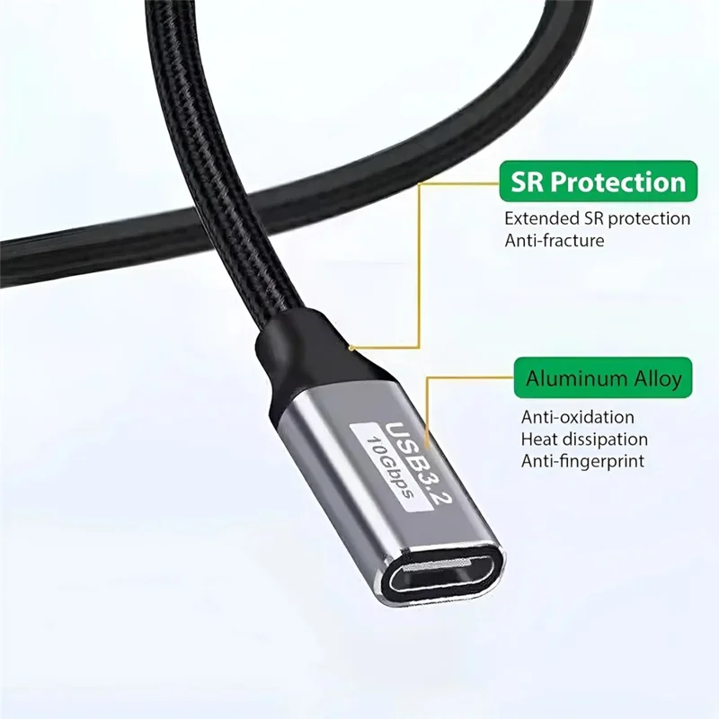 Cable de extensión de 3 m de aleación de aluminio Tipo-C macho a hembra, cable de datos USB 3.1 Gen2, soporte para video 4K/60 Hz, transferencia de datos a 10 Gbps