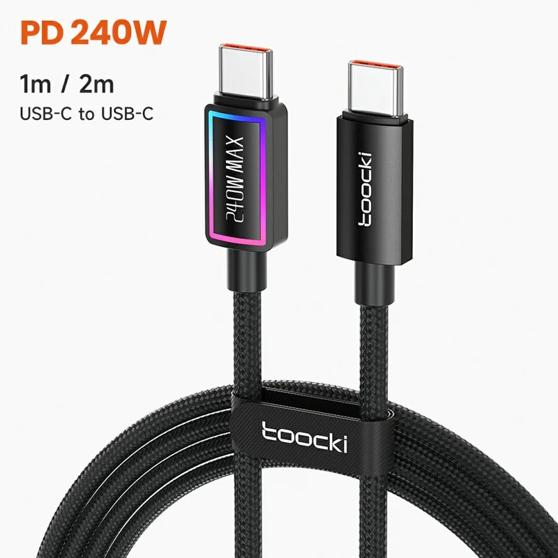 TOOCKI TX109C4 2m PD 240W USB-C to USB-C Ring Light Data Cable 480Mbps Fast Data Transfer Cable with E-Marker Chip for Laptop Phone - Black