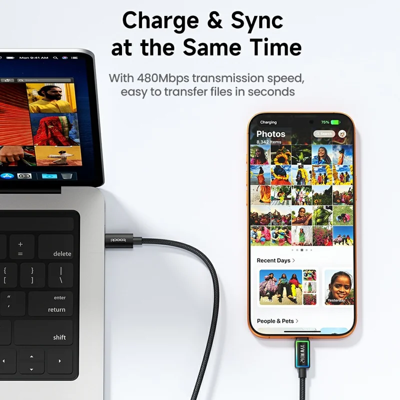 TOOCKI TX109C4 2m PD 240W USB-C to USB-C Ring Light Data Cable 480Mbps Fast Data Transfer Cable with E-Marker Chip for Laptop Phone - Black