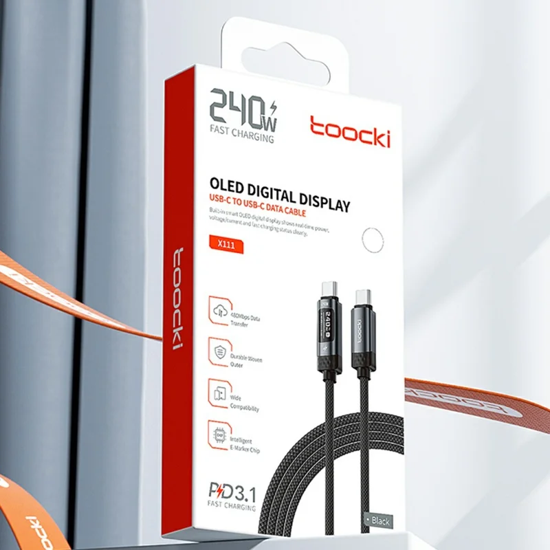 TOOCKI TX111C4 2m PD 240W OLED Digital Display Data Cable 480Mbps High-Speed Charging Cable with E-Marker Chip for Laptop Phone - Black