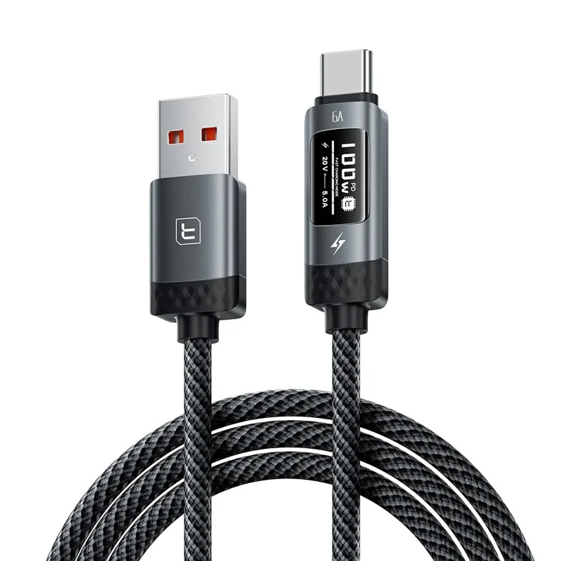 TOOCKI TX111A2 1 m PD 100 W, kabel danych USB-A do USB-C z cyfrowym wyświetlaczem OLED, kabel szybkiego ładowania z układem E-Marker do laptopa i telefonu – czarny