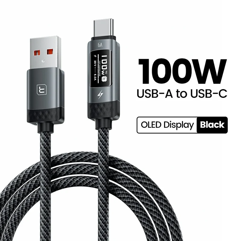 TOOCKI TX111A2 1 m PD 100 W, kabel danych USB-A do USB-C z cyfrowym wyświetlaczem OLED, kabel szybkiego ładowania z układem E-Marker do laptopa i telefonu – czarny