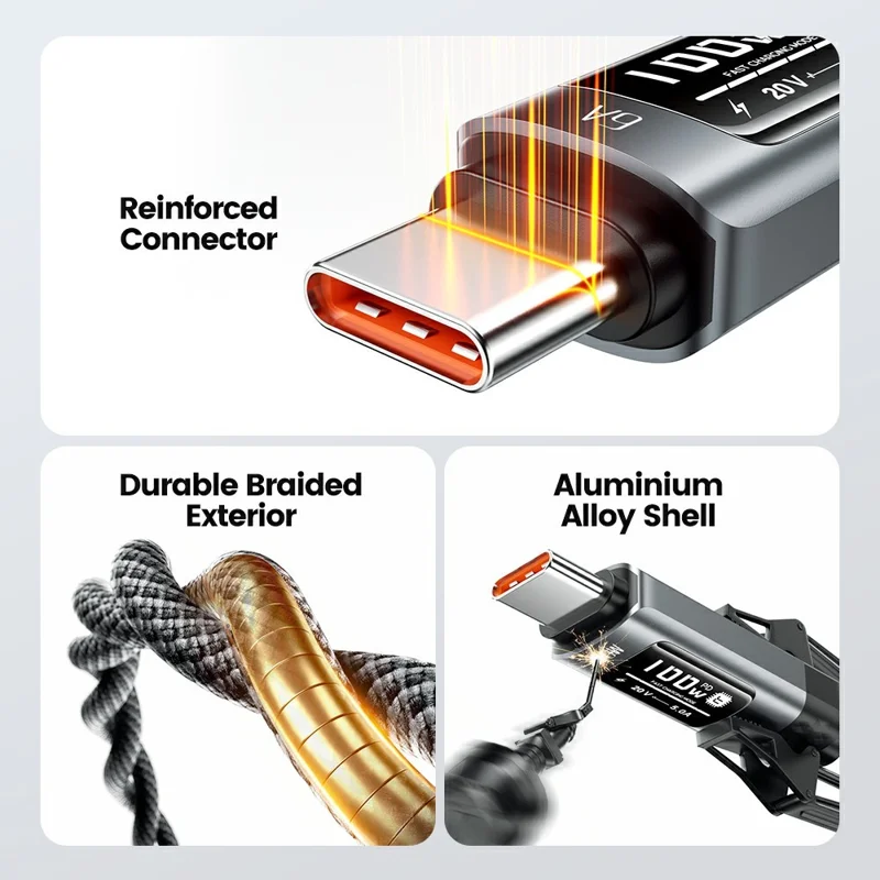 TOOCKI TX111A2 1 m PD 100 W, kabel danych USB-A do USB-C z cyfrowym wyświetlaczem OLED, kabel szybkiego ładowania z układem E-Marker do laptopa i telefonu – czarny