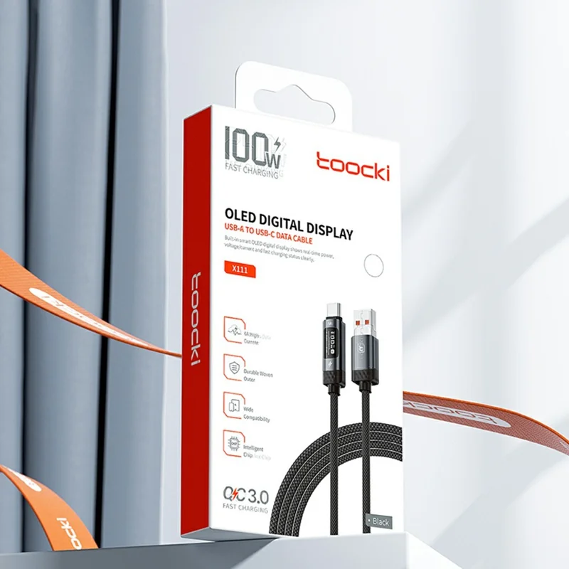 TOOCKI TX111A2 1 m PD 100 W, kabel danych USB-A do USB-C z cyfrowym wyświetlaczem OLED, kabel szybkiego ładowania z układem E-Marker do laptopa i telefonu – czarny