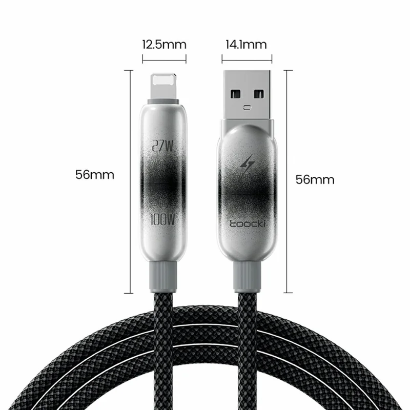 TOOCKI TX111A2 2m PD 100W USB-A to USB-C OLED Digital Display Data Cable Fast Charging Cable with E-Marker Chip for Laptop Phone - Black