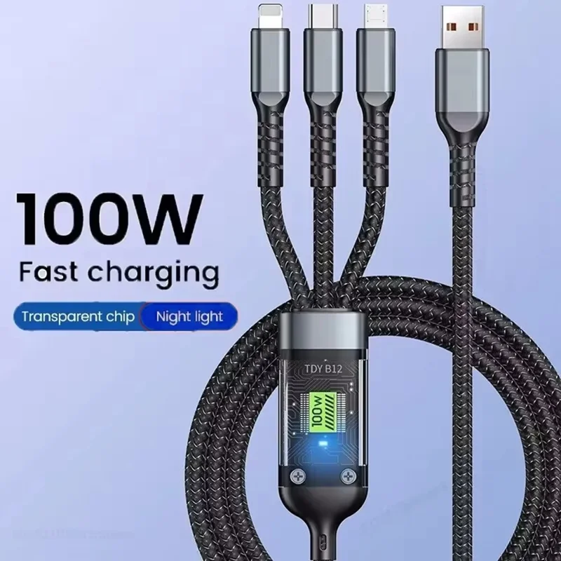 Cabo de Carregamento Rápido 3 em 1 100 W com Tipo-C / iP / Micro USB, Cabo de 1,2 m com Indicador LED para Múltiplos Dispositivos