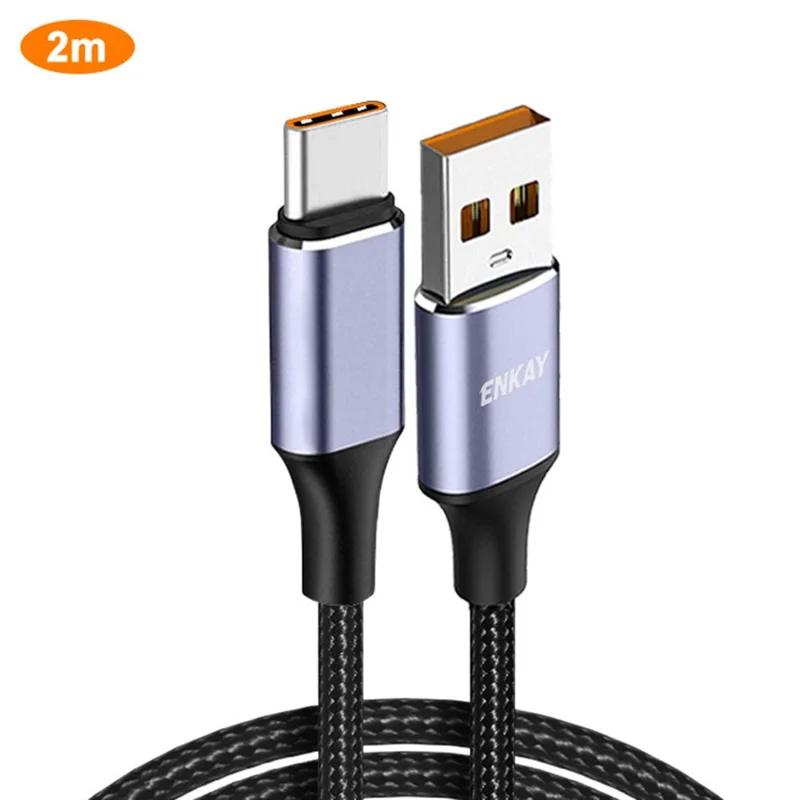 ENKAY HAT PRINCE 2m 66W 6A USB to Type-C Fast Charging Cable High-Speed Data Transfer Cord - Grey