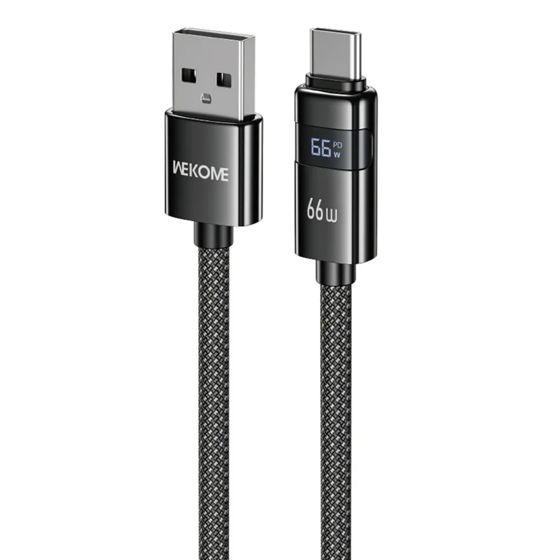 WEKOME WDC-103 1,2 m 66 W USB A till Type-C-kabel med digital display 480 Mbps dataöverföring med smarta chip-skydd – Svart