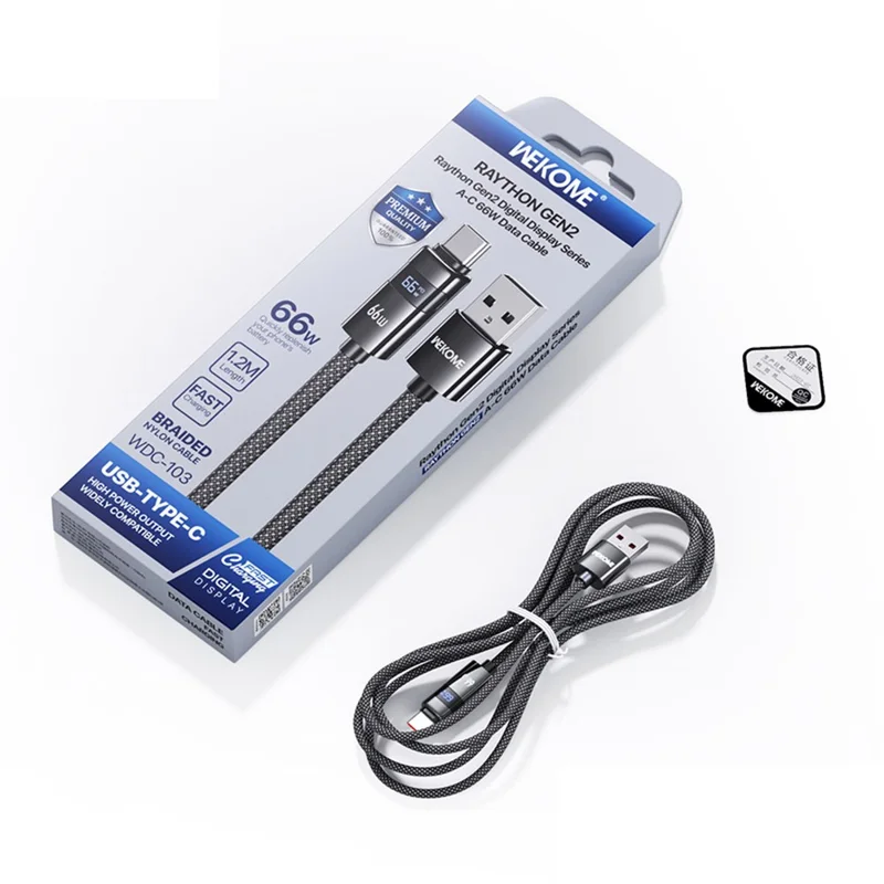 WEKOME WDC-103 1,2 m 66 W USB A till Type-C-kabel med digital display 480 Mbps dataöverföring med smarta chip-skydd – Svart