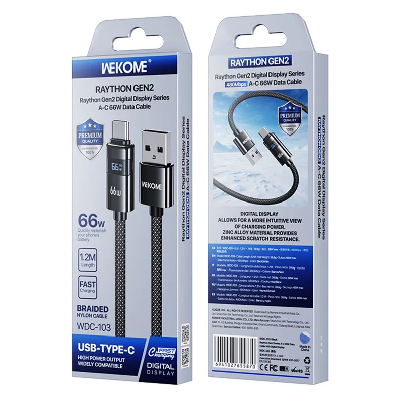 WEKOME WDC-103 1,2 m 66 W USB A till Type-C-kabel med digital display 480 Mbps dataöverföring med smarta chip-skydd – Svart