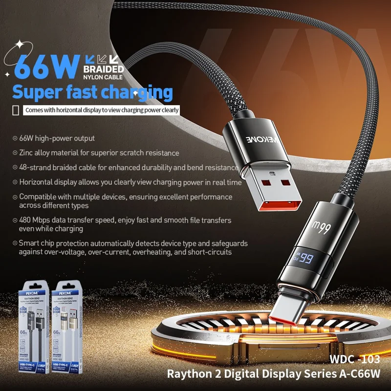 WEKOME WDC-103 1.2 متر 66 واط كابل USB-A إلى Type-C مع شاشة رقمية وكابل نقل بيانات بسرعة 480 ميغابت في الثانية مع حماية بواسطة شريحة ذكية - أبيض