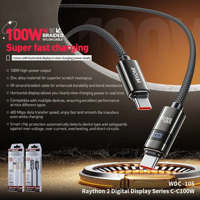 WEKOME WDC-105 1,2 m 100 W Type-C till Type-C-kabel med digital display 480 Mbps snabb överföring av datakabel med smart chip-skydd – Svart
