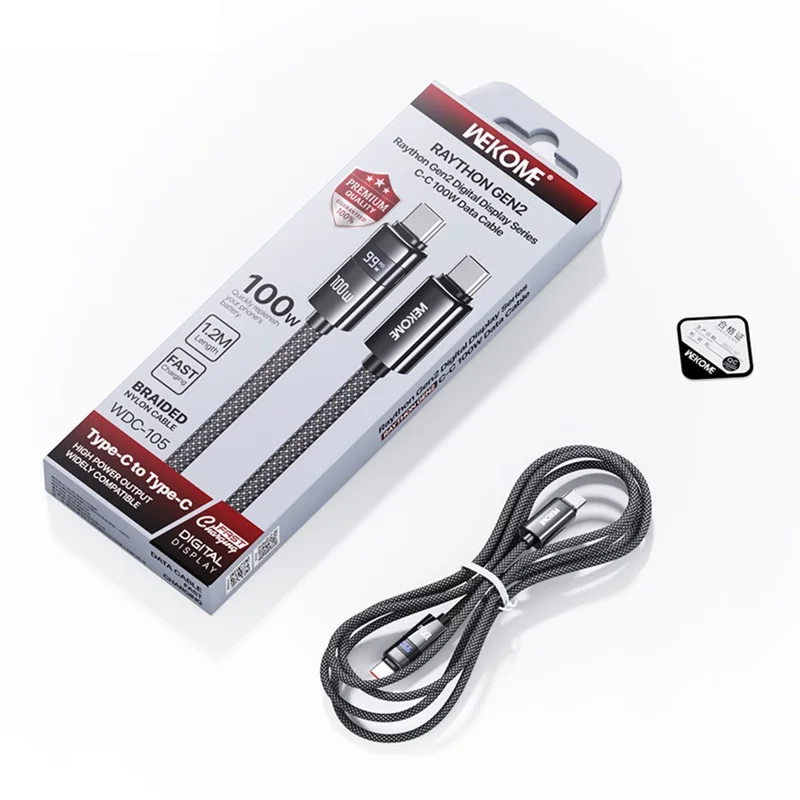 WEKOME WDC-105 1,2 m 100 W Type-C till Type-C-kabel med digital display 480 Mbps snabb överföring av datakabel med smart chip-skydd – Svart