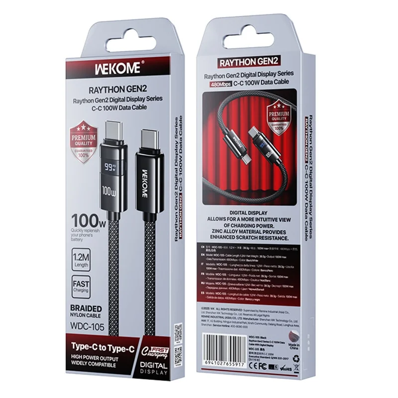 WEKOME WDC-105 1,2 m 100 W Type-C till Type-C-kabel med digital display 480 Mbps snabb överföring av datakabel med smart chip-skydd – Svart