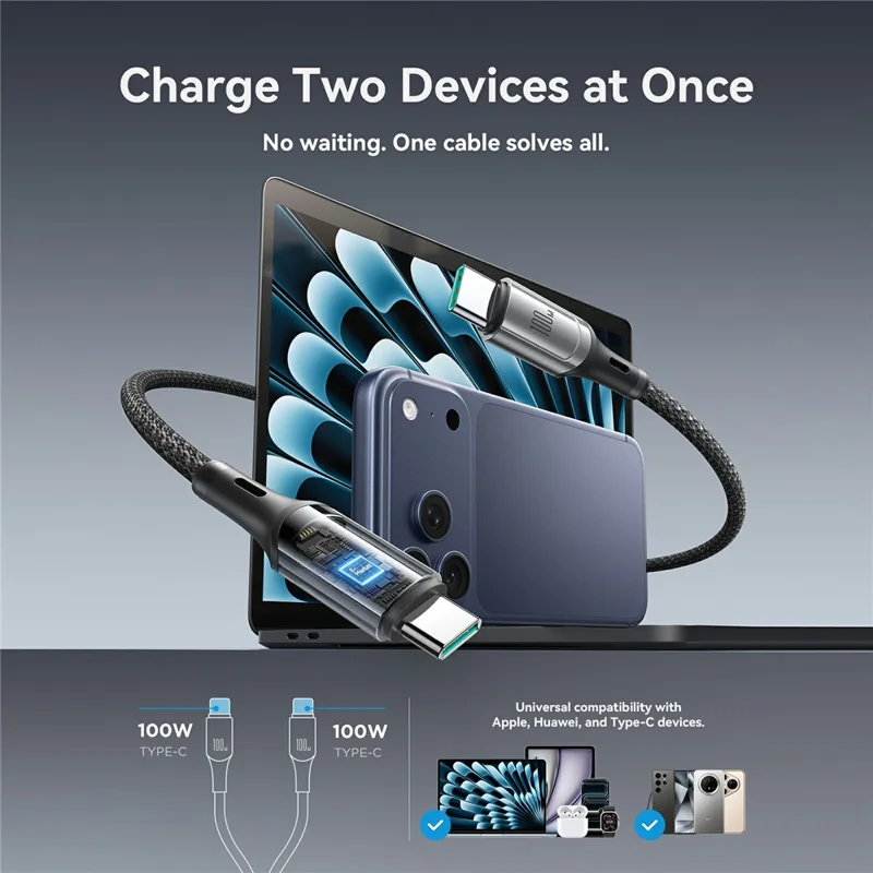 JOYROOM S-A57 1.5m Type-C to Dual Type-C 100W Fast Charging Data Cable for Laptops / Tablets / Smartphones