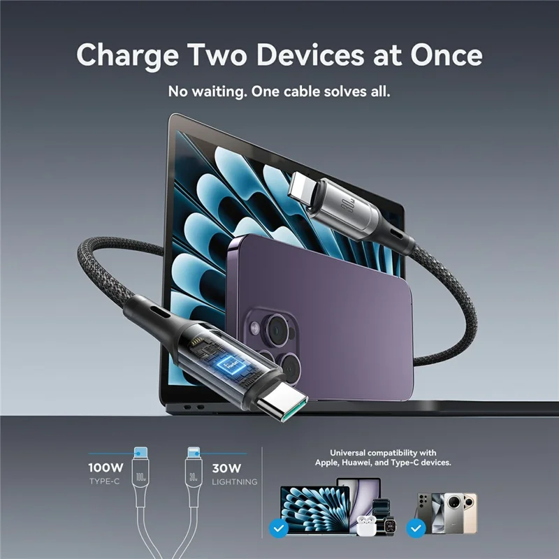 JOYROOM S-A57 1.5m 100W Fast Charging Cable Type-C to Type-C  /  iP Dual Port Data Sync Cord