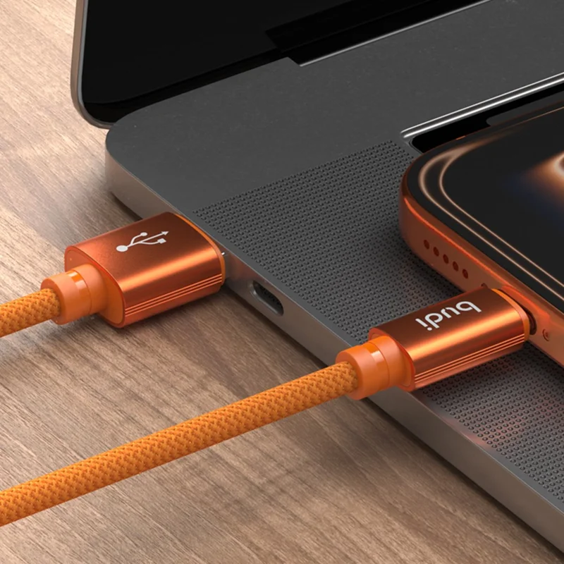 BUDI DC271T15C 1.5m 18W Fast Charging USB-A to USB-C Cable Braided Aluminum Connector Cable - Orange