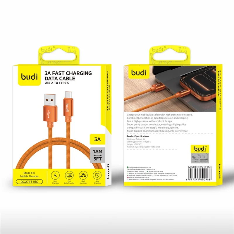 BUDI DC271T15C 1.5m 18W Fast Charging USB-A to USB-C Cable Braided Aluminum Connector Cable - Orange