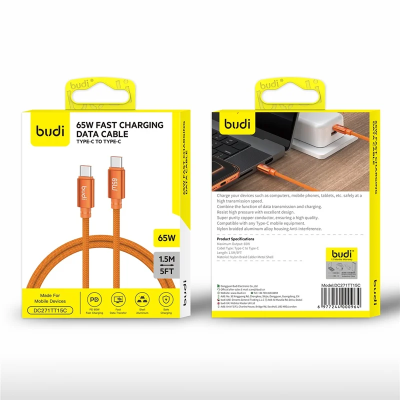 BUDI DC271TT15C Cavo di Ricarica Veloce 1.5m 65W da Type-C a Type-C, Cavo Dati Intrecciato in Nylon