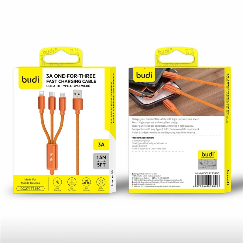 BUDI DC271T315C 1.5m USB-A to Type-C  /  iP  /  Micro 3 in 1 Nylon Braided Wire 3A Fast Charging Data Cable