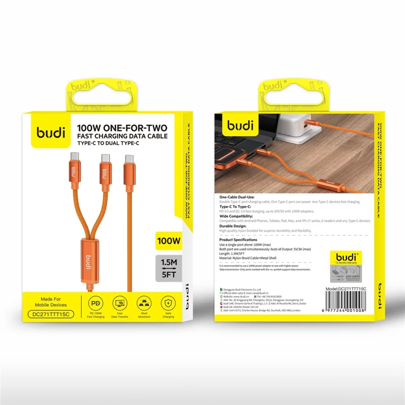 BUDI DC271TTT15C 1.5m USB-C to Dual USB-C 100W Fast Charging Cable Nylon Braided Data Cord