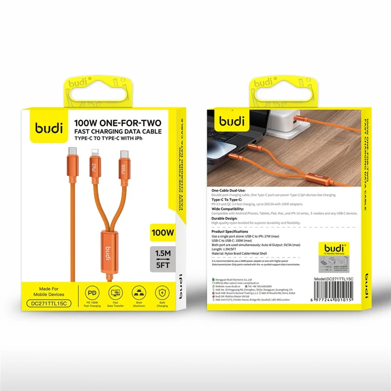 BUDI DC271TTL15C 1.5m USB-C to USB-C /  iP  Nylon Braided Data Cord 100W Fast Charging Cable