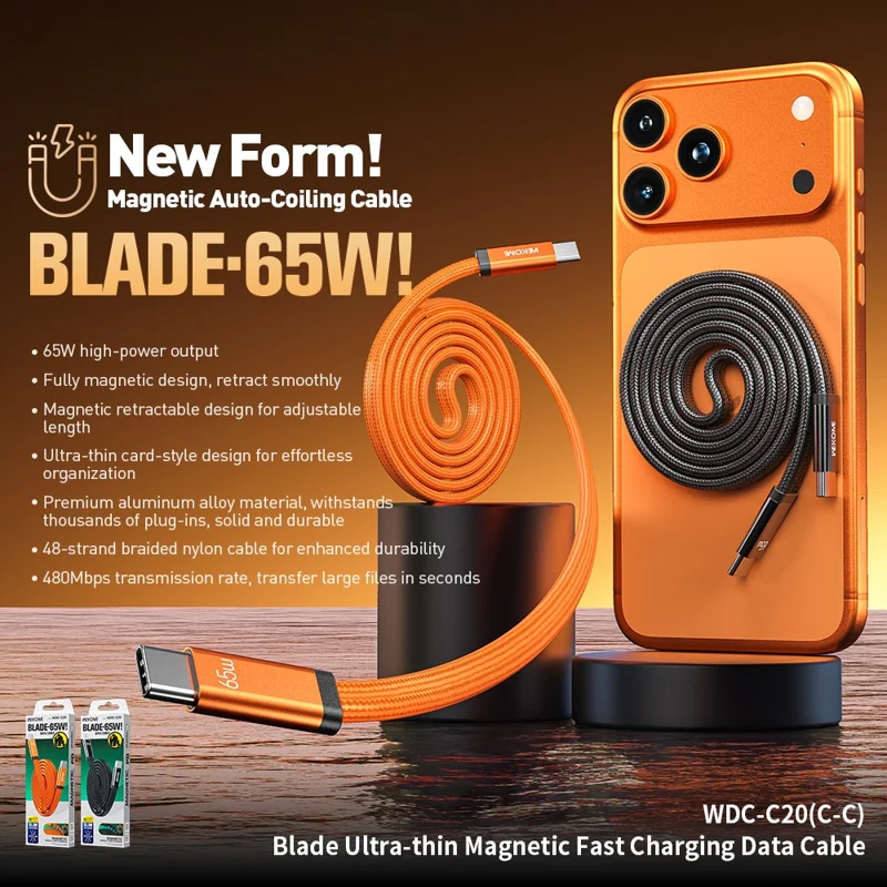 WEKOME WDC-C20 Cavo di Ricarica Veloce Magnetico Ultra Sottile 1 m 65 W da Type-C a Type-C, Cavo per il Trasferimento Dati Intrecciato 480 Mbps - Arancione