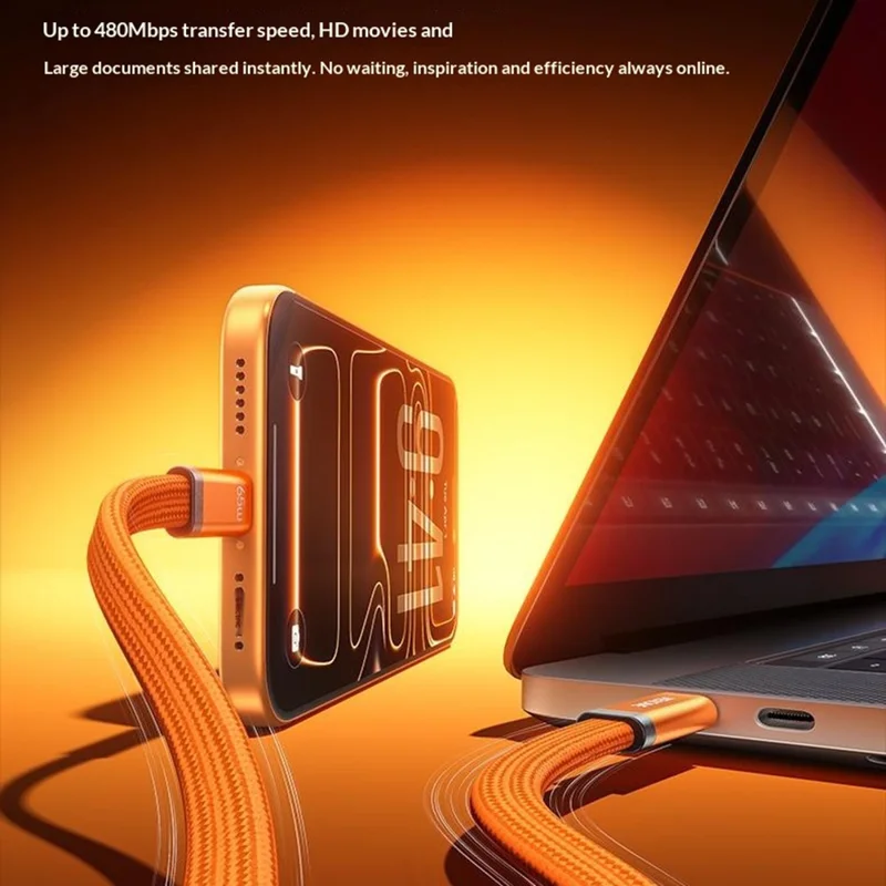 WEKOME WDC-C20 Cavo di Ricarica Veloce Magnetico Ultra Sottile 1 m 65 W da Type-C a Type-C, Cavo per il Trasferimento Dati Intrecciato 480 Mbps - Arancione