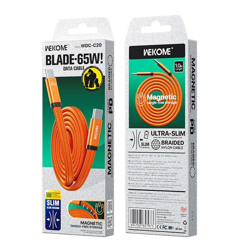 WEKOME WDC-C20 Cavo di Ricarica Veloce Magnetico Ultra Sottile 1 m 65 W da Type-C a Type-C, Cavo per il Trasferimento Dati Intrecciato 480 Mbps - Arancione