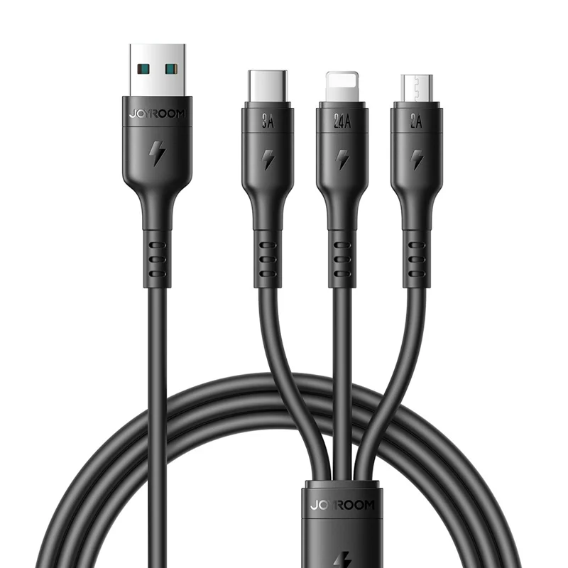 JOYROOM S-A61 3 in 1 Charging Cable USB-A to Type-C / iP / Micro USB 3.5A 1.2m Fast Charging Cord - Black
