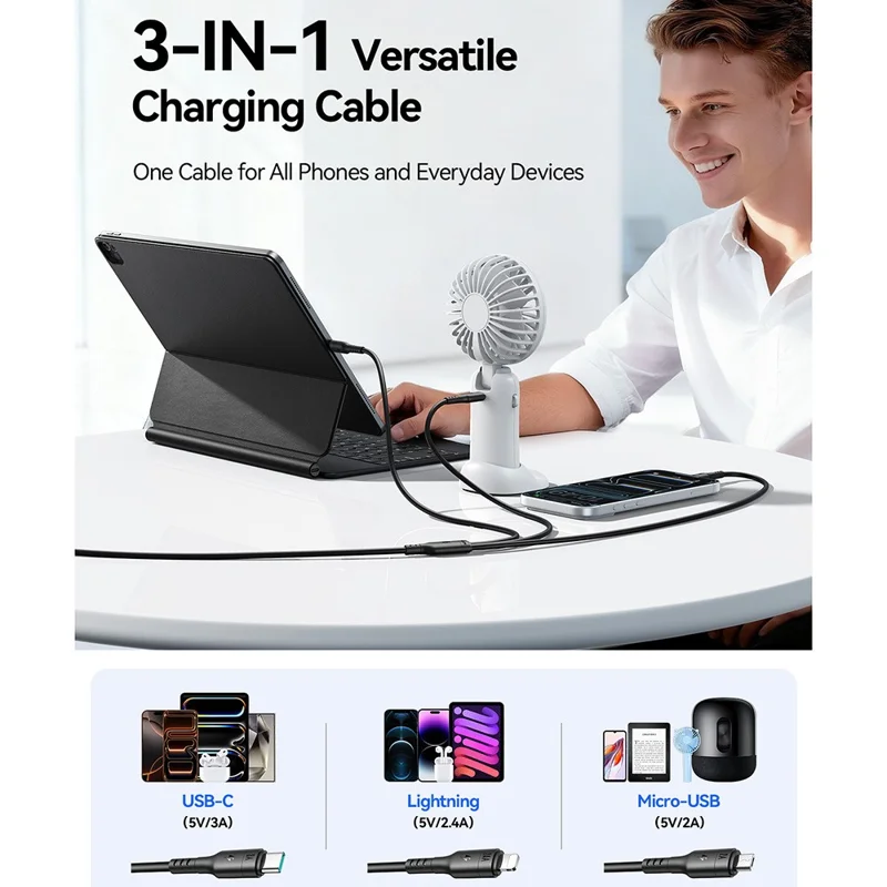 JOYROOM S-A61 3 in 1 Charging Cable USB-A to Type-C / iP / Micro USB 3.5A 1.2m Fast Charging Cord - Black