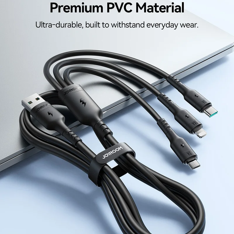 JOYROOM S-A61 3 in 1 Charging Cable USB-A to Type-C / iP / Micro USB 3.5A 1.2m Fast Charging Cord - Black
