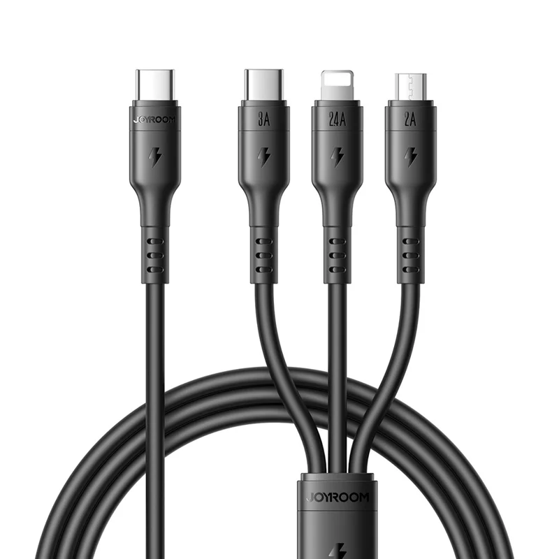 JOYROOM S-A61 3 in 1 Charging Cable Type-C to Type-C / iP / Micro USB 3.5A 1.2m Fast Charging Cord - Black