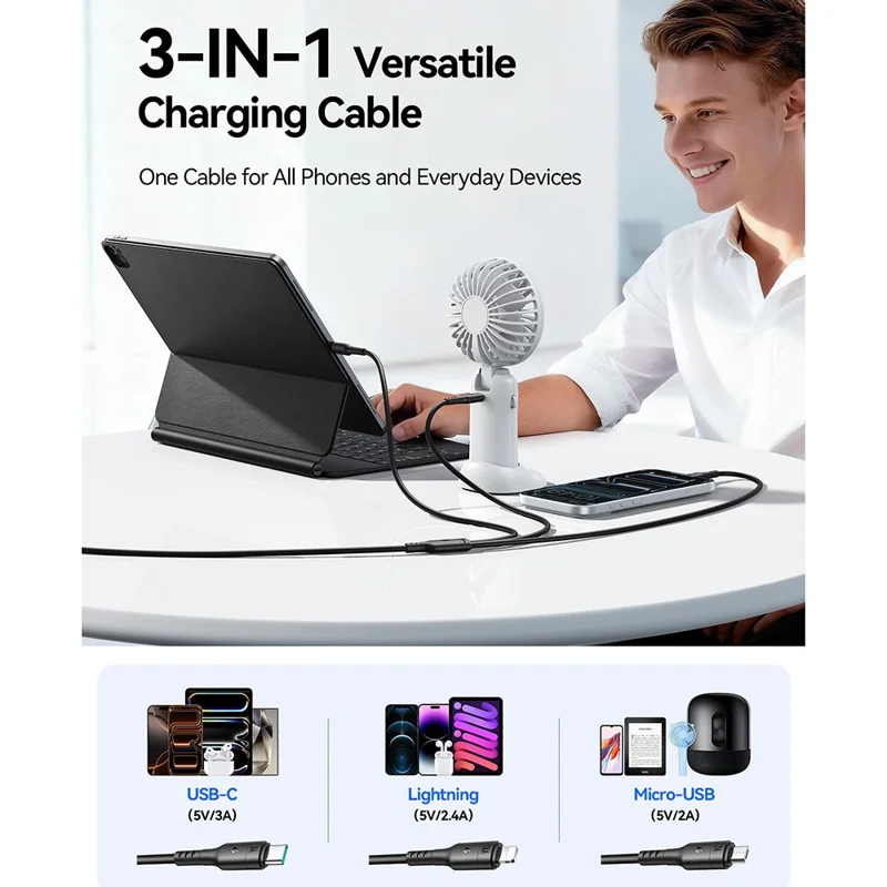 JOYROOM S-A61 3 in 1 Charging Cable Type-C to Type-C / iP / Micro USB 3.5A 1.2m Fast Charging Cord - Black