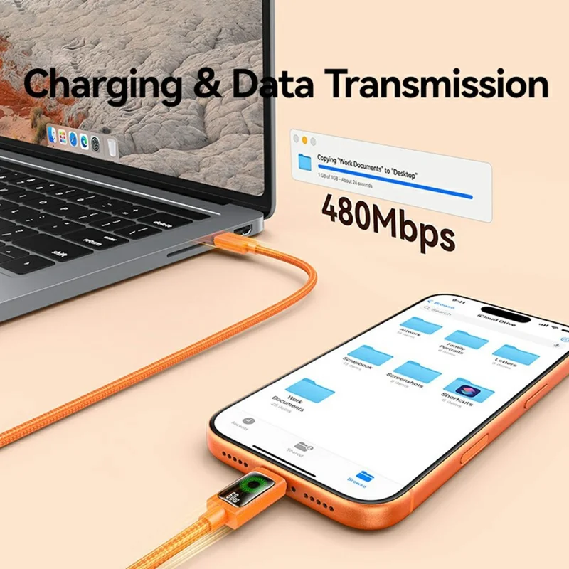 USAMS SJ773 U92 1.2m 60W Type-C to Type-C Cable Fast Charging Data Sync Cord with LED Light - Orange