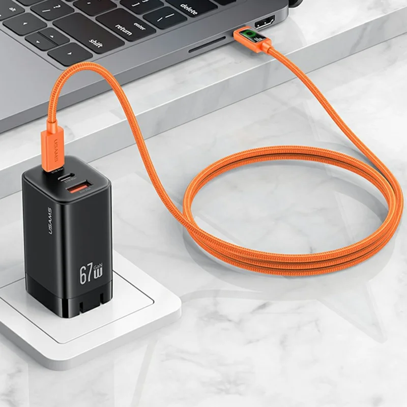 USAMS SJ773 U92 1.2m 60W Type-C to Type-C Cable Fast Charging Data Sync Cord with LED Light - Orange
