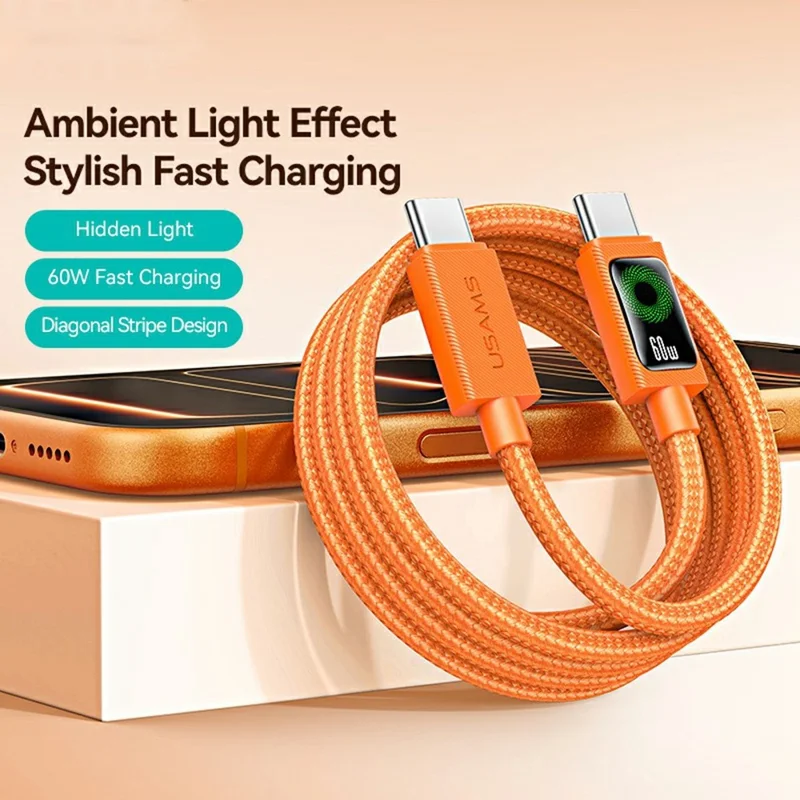USAMS SJ773 U92 1.2m 60W Type-C to Type-C Cable Fast Charging Data Sync Cord with LED Light - Orange