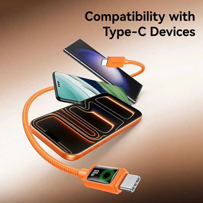 USAMS SJ773 U92 1.2m 60W Type-C to Type-C Cable Fast Charging Data Sync Cord with LED Light - Orange