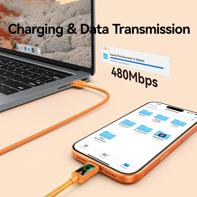USAMS SJ772 U92 1.2m Type-C Cable 18W Fast Charging USB-A to USB-C Data Transfer Cord with LED Light - Orange