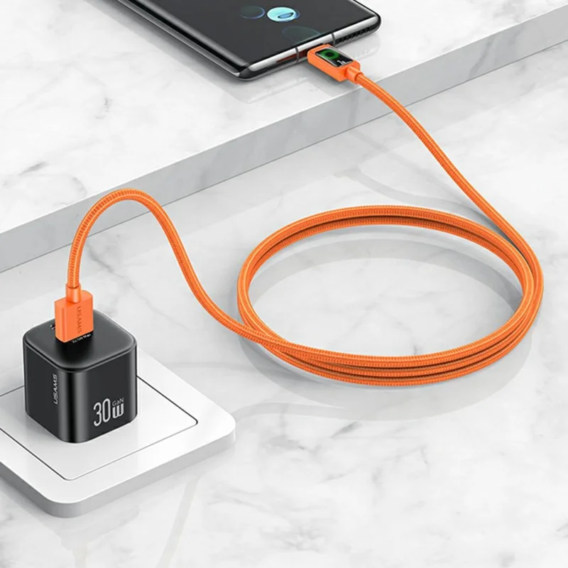 USAMS SJ772 U92 1.2m Type-C Cable 18W Fast Charging USB-A to USB-C Data Transfer Cord with LED Light - Orange