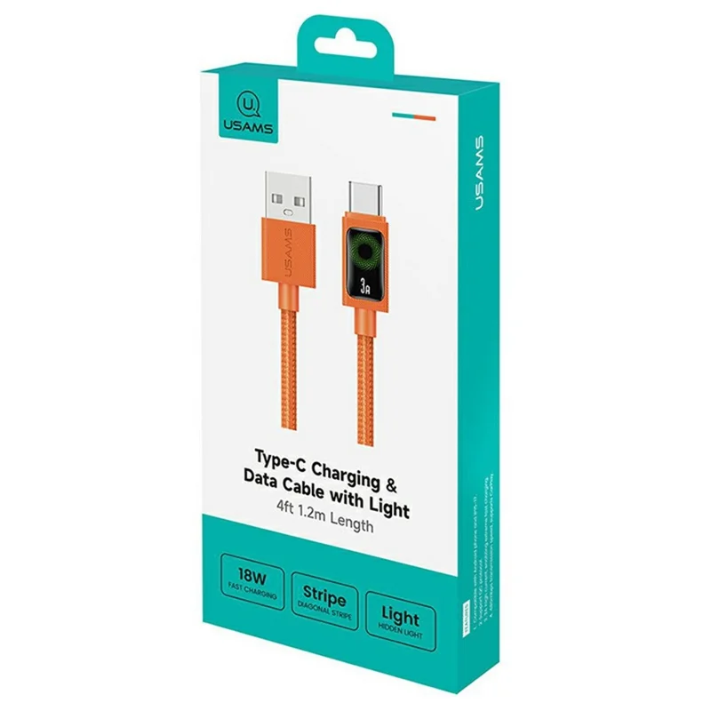 USAMS SJ772 U92 1.2m Type-C Cable 18W Fast Charging USB-A to USB-C Data Transfer Cord with LED Light - Orange
